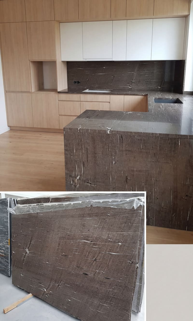 Wyspa z brązowego granitu w kuchni z drewnianą zabudową — Granit Brown Silk. Blat kuchenny wykonany przez Kamieniarstwo 24h w Tarnobrzegu.